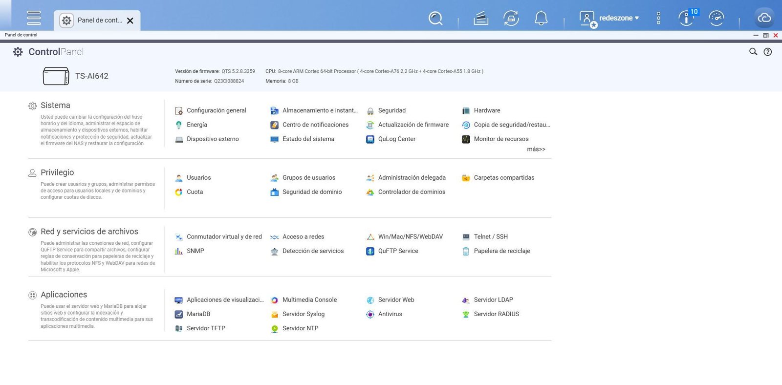 Sistema operativo QTS en el servidor NAS QNAP TS-AI642.