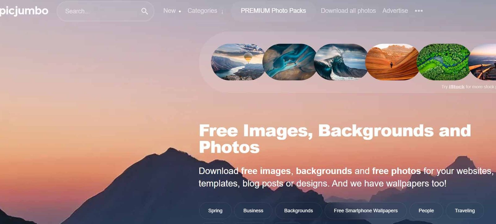 Interfaz del repositorio de imágenes PicJumbo, mostrando categorías de fotos de comida y negocios