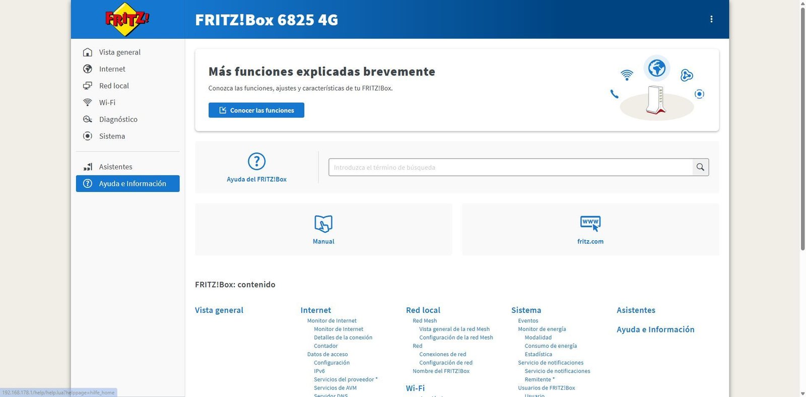 Interfaz web del router FRITZ!Box 6825 4G con el menú de ayuda, configuración de red, Wi-Fi y herramientas de diagnóstico.