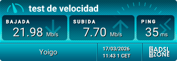 Test de velocidad del router FRITZ!Box 6825 4G con 21,98 Mbps de bajada, 7,70 Mbps de subida y 35 ms de ping.