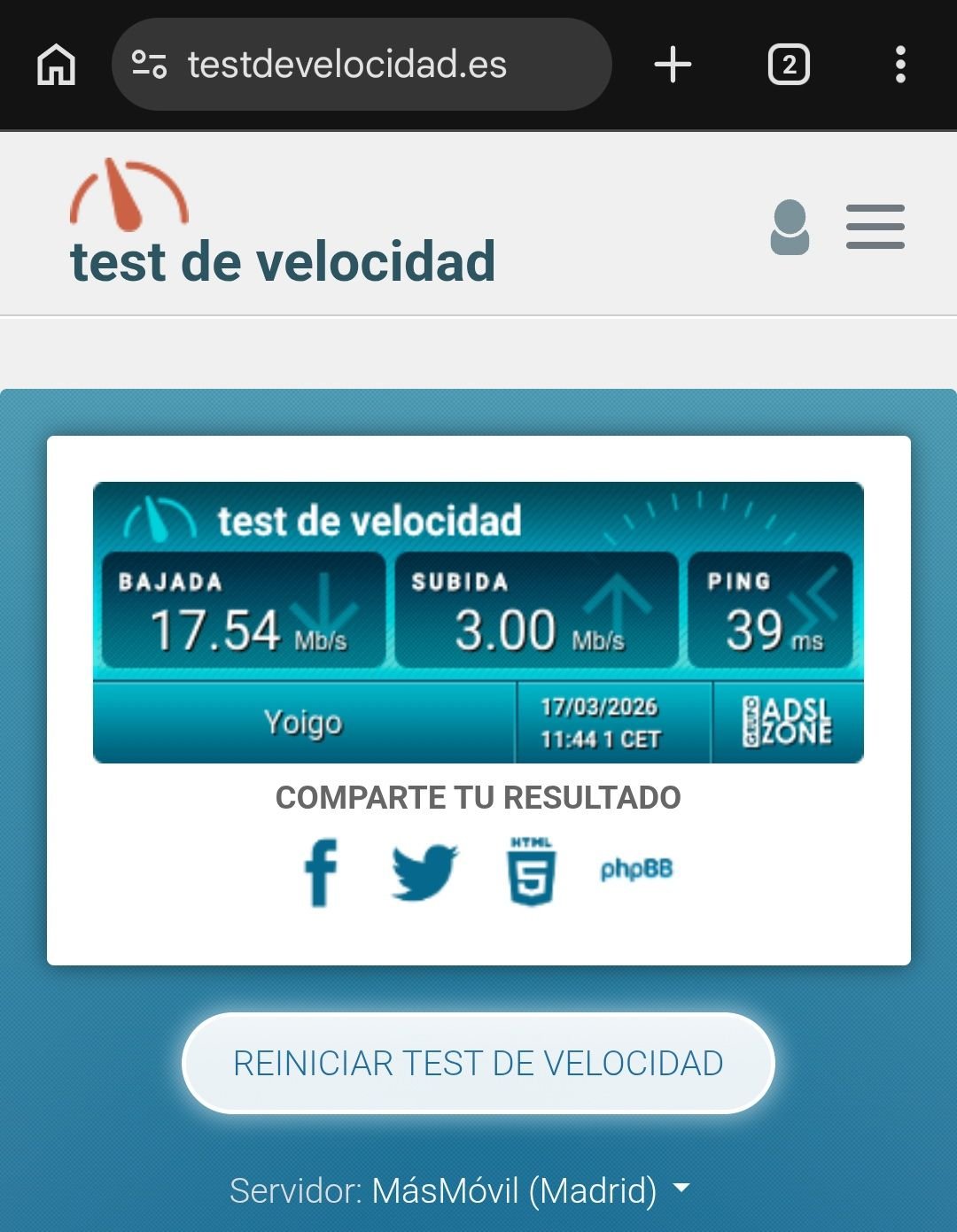 Test de velocidad del ASUS Zenfone 11 Ultra con 17,54 Mbps de bajada y 3 Mbps de subida sobre red Yoigo.