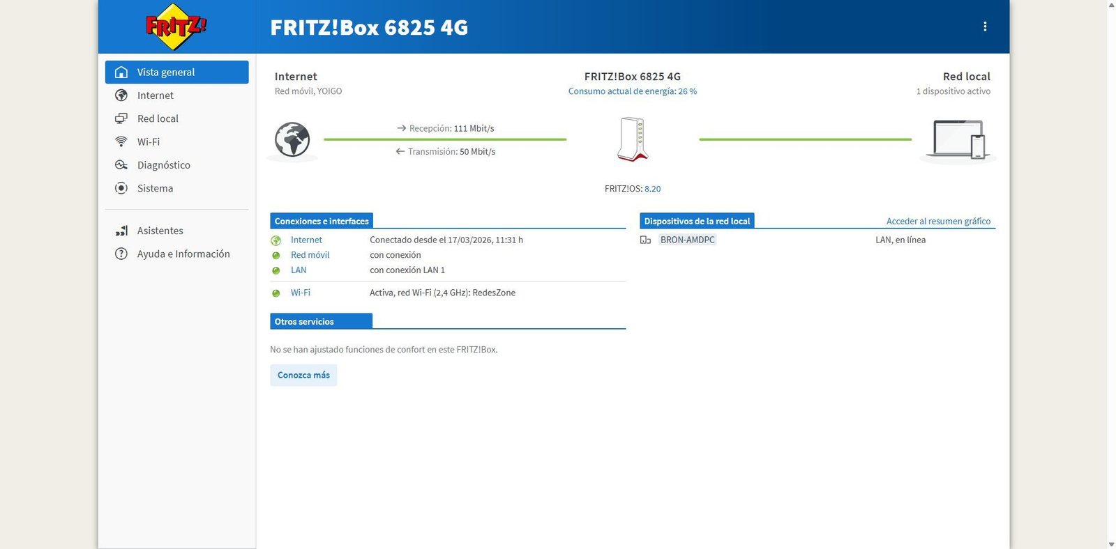 Interfaz de gestión del router FRITZ!Box 6825 4G con el estado de la red móvil y local en Fritz!OS.
