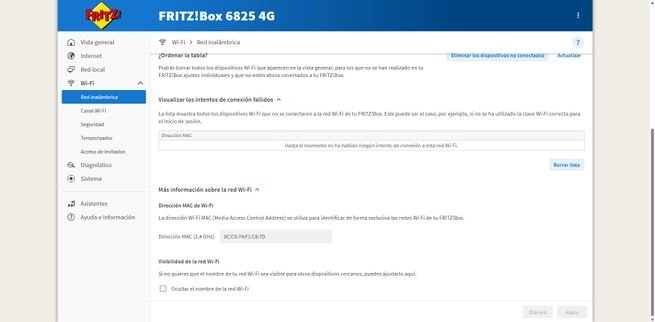 Interfaz web del router FRITZ!Box 6825 4G con los ajustes de la red inalámbrica y seguridad Wi-Fi en pantalla.