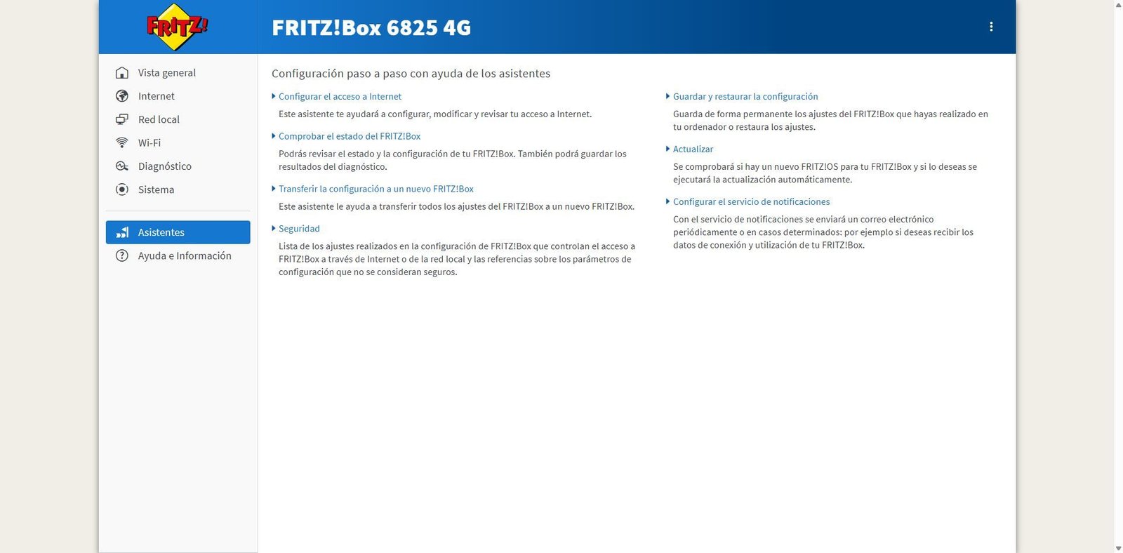 Interfaz de usuario del router FRITZ!Box 6825 4G con el menú de asistentes de configuración en español.
