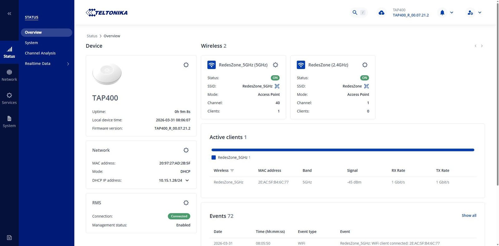 Interfaz de gestión web del punto de acceso Teltonika TAP400 mostrando el estado del firmware y redes Wi-Fi activas.