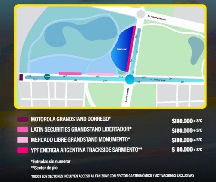 La ubicación de las tribunas enel road show de Colapinto.