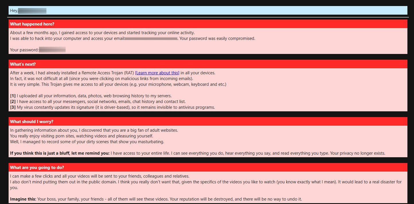 Captura de un correo electrónico de phishing con amenazas de extorsión y secciones resaltadas en rojo sobre fondo rosa.