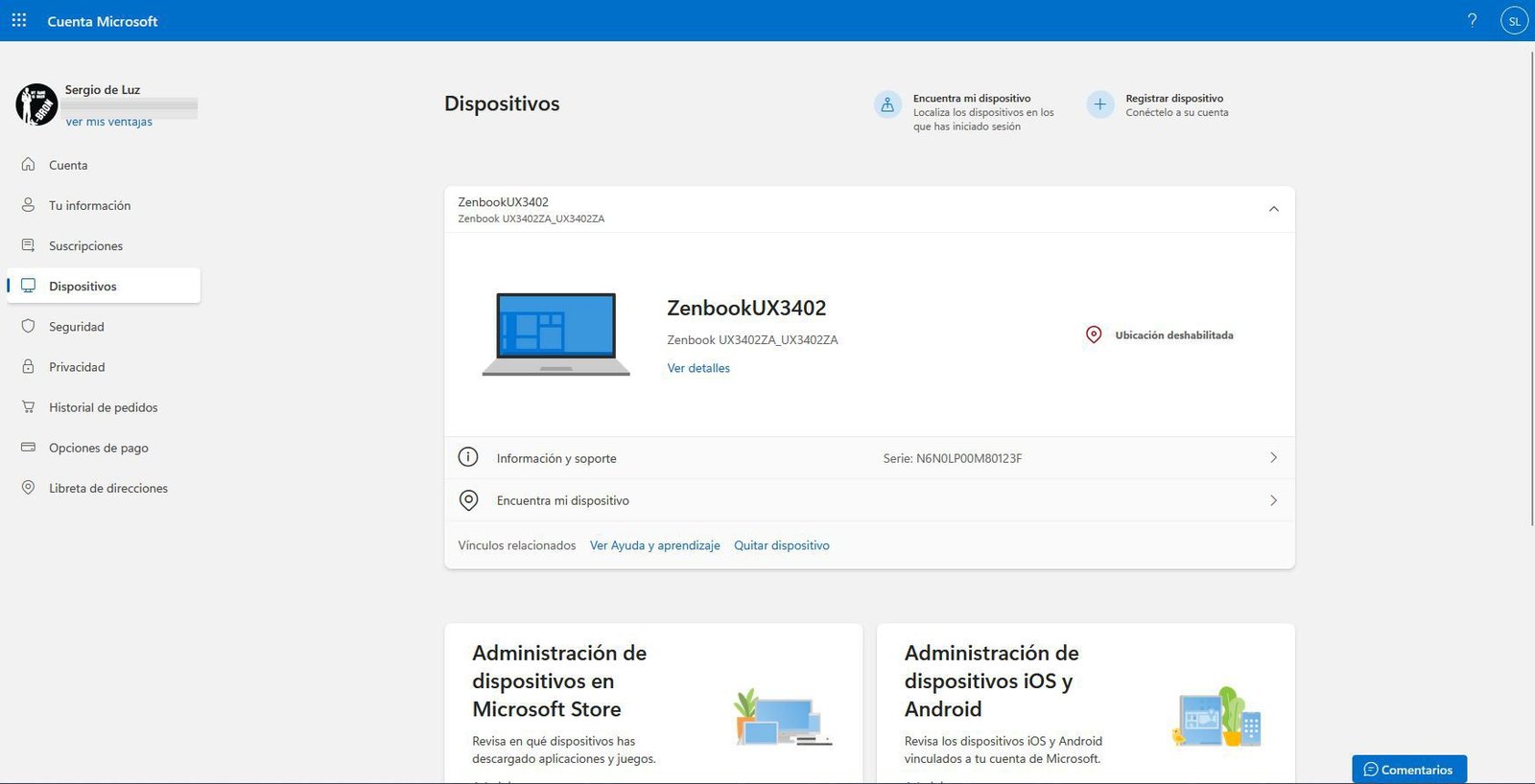 Interfaz de cuenta Microsoft mostrando la sección de dispositivos vinculados con un ordenador portátil Zenbook.
