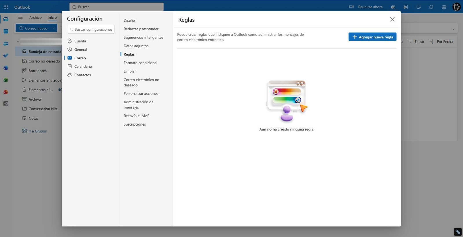 Panel de configuración de reglas en Outlook para gestionar el correo electrónico de forma automática.