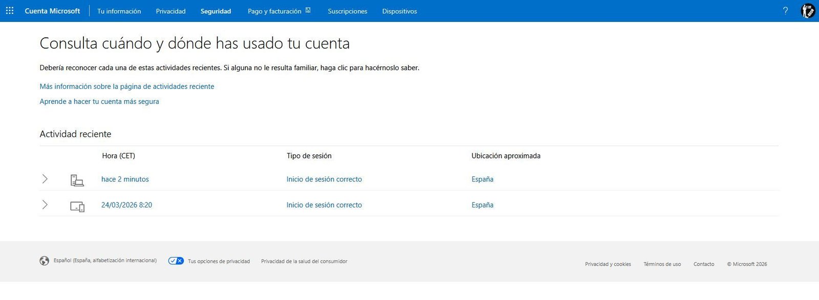Interfaz de cuenta Microsoft mostrando el historial de actividad reciente con fechas, tipos de sesión y ubicación en España.