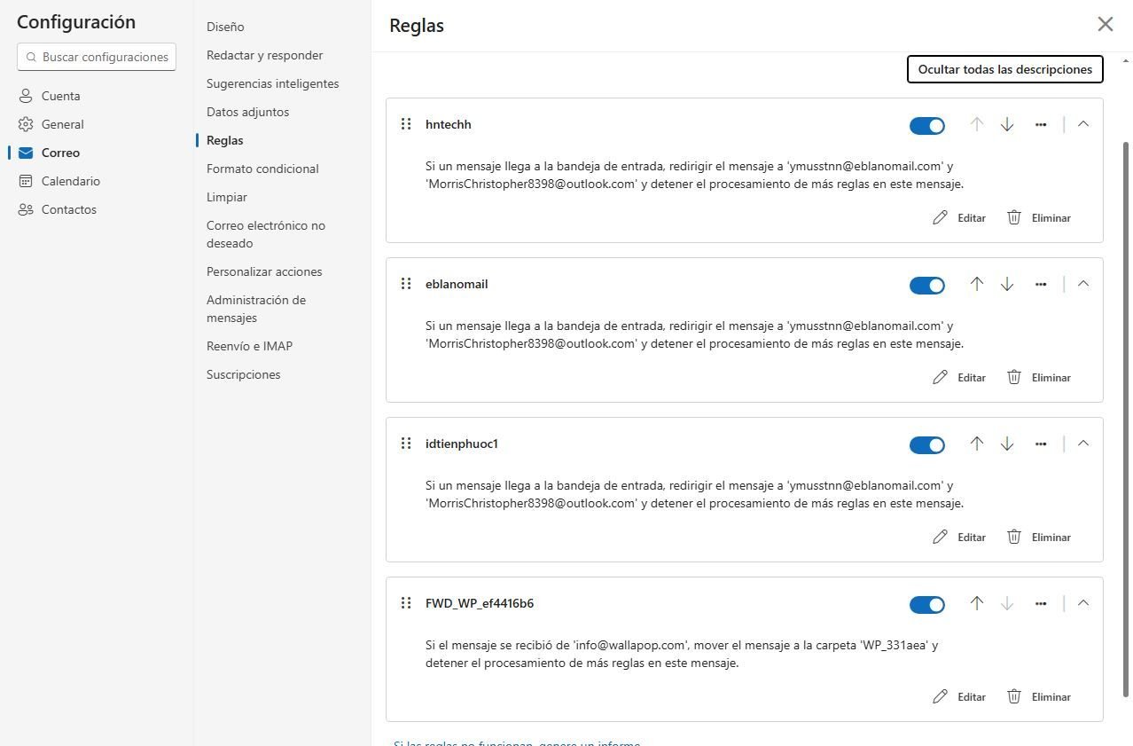 Interfaz de configuración de Outlook mostrando una lista de reglas de correo electrónico activas para redirigir mensajes.
