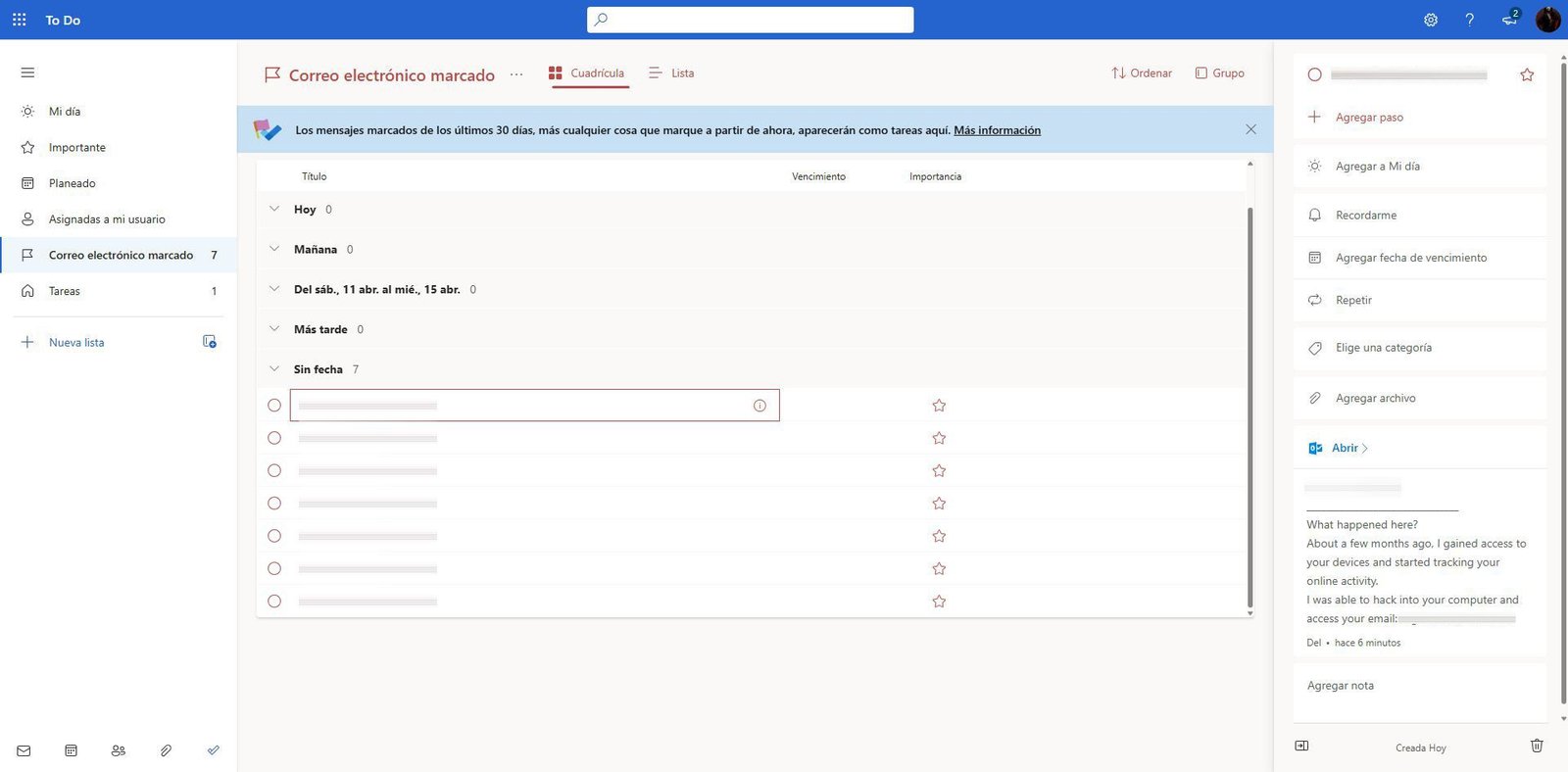 Interfaz de Microsoft To Do con una lista de tareas pendientes y un aviso de seguridad en la parte superior.