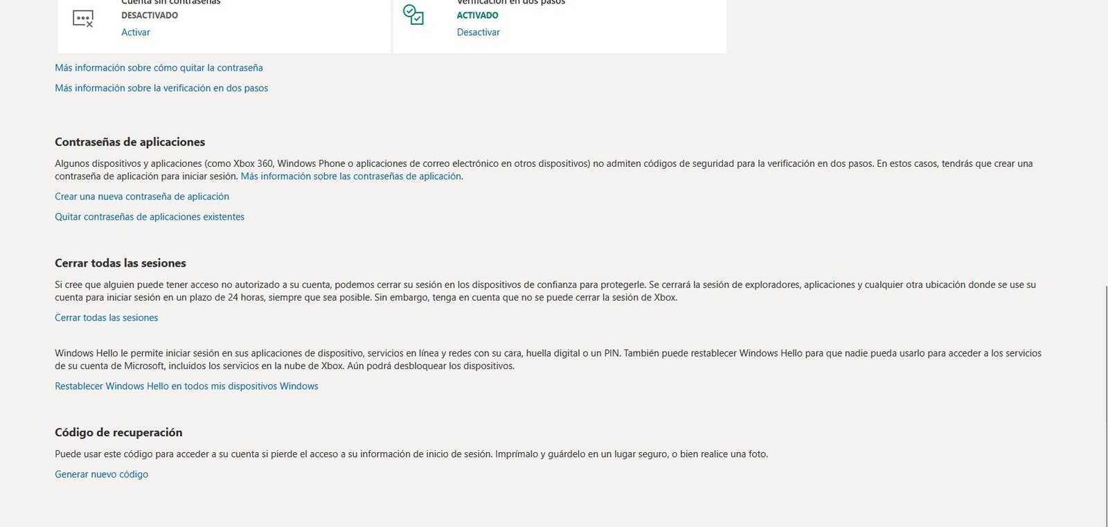 Interfaz de configuración de seguridad de cuenta Microsoft con opciones de contraseñas de aplicación y cierre de sesiones.