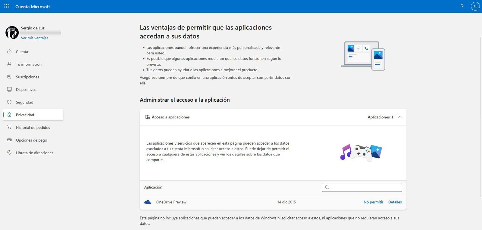 Interfaz de cuenta Microsoft en la sección de privacidad para administrar el acceso de aplicaciones a datos personales.