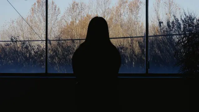 La silueta de una mujer mirando por una ventana, con árboles y follaje al fondo.