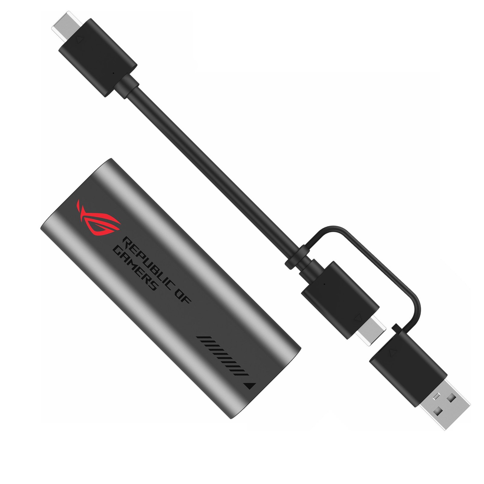 Adaptador 10G Ethernet ASUS ROG USB-C10G con cable USB-C y adaptador a USB-A integrado.