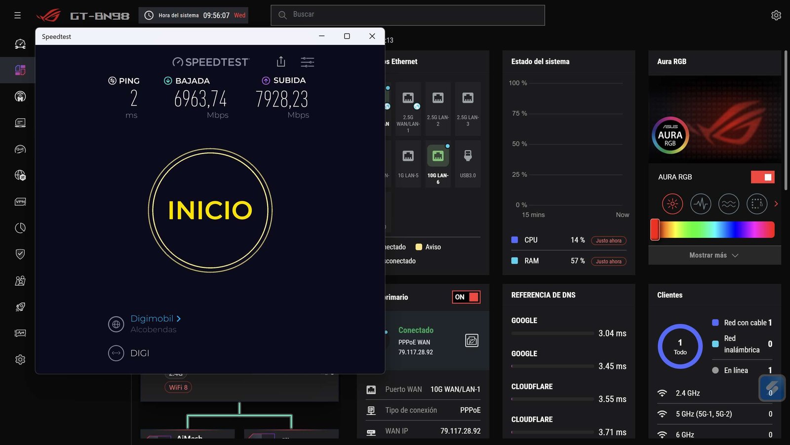 Interfaz de configuración del router ASUS GT-BN98 con una ventana de test de velocidad superpuesta.