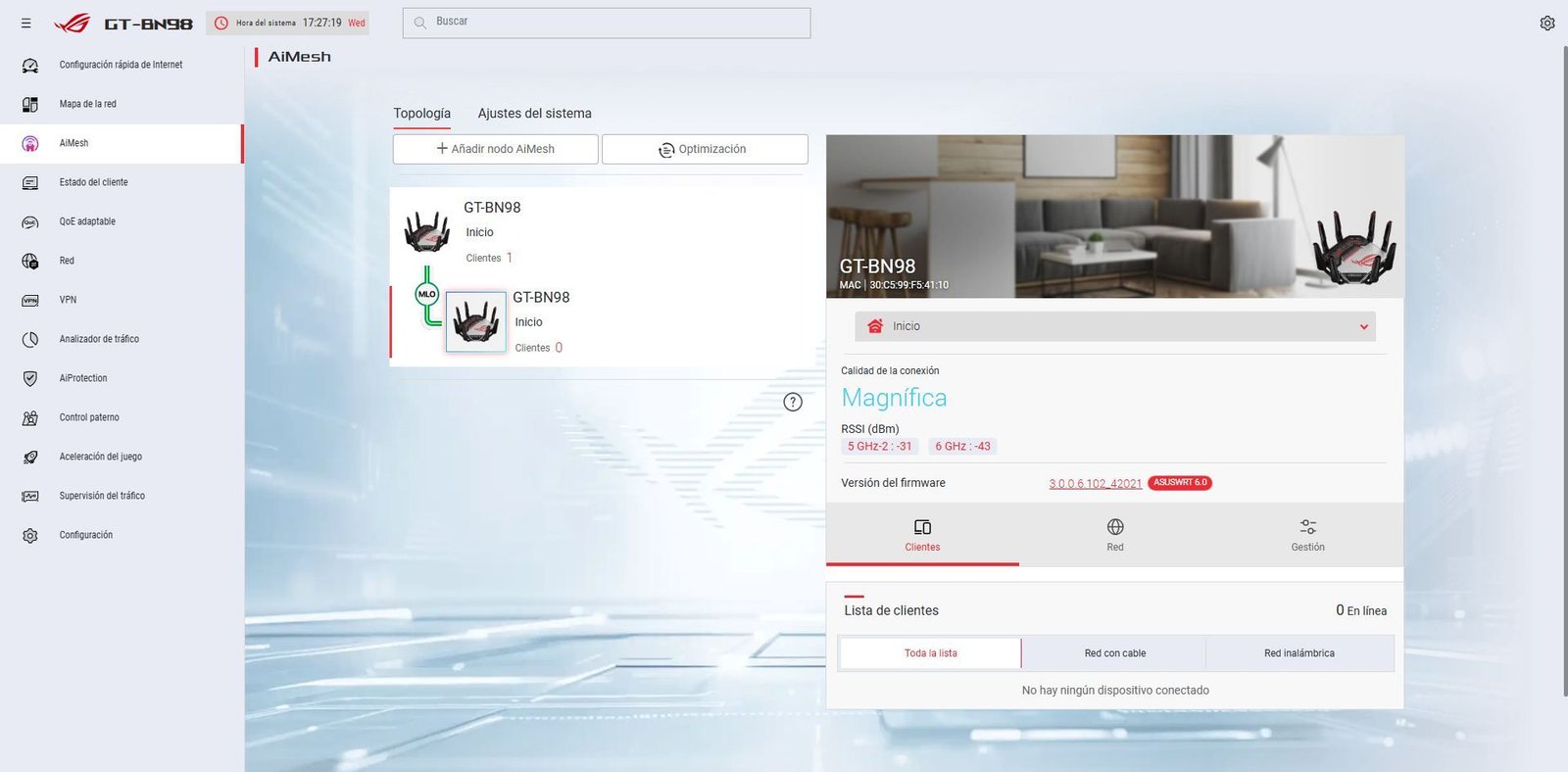 Interfaz de configuración AiMesh en el firmware del router ASUS GT-BN98 mostrando la topología y calidad de conexión de los nodos.