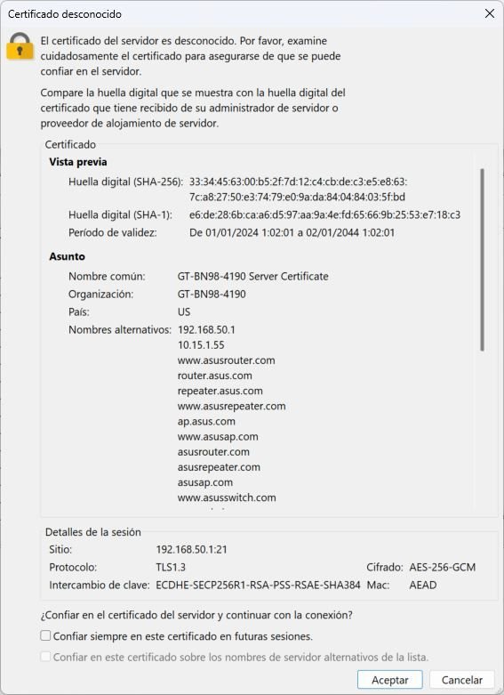 Interfaz de advertencia de certificado desconocido en un servidor FTPES de router ASUS.