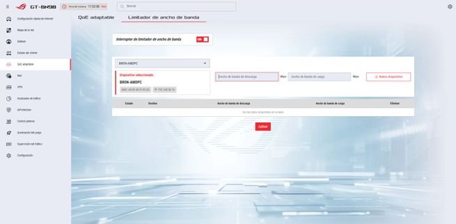 Menú de configuración del limitador de ancho de banda en el firmware del ASUS GT-BN98.