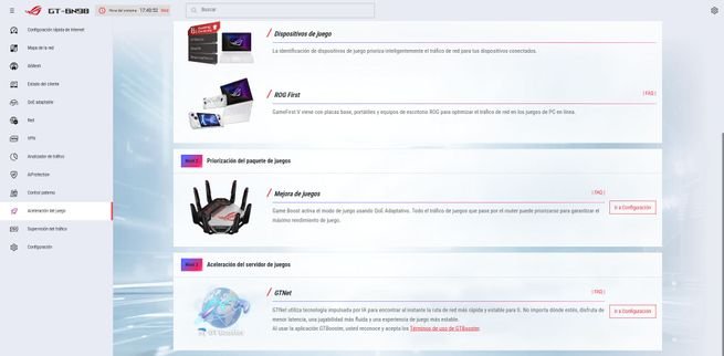 Menú de configuración de aceleración de juegos en el firmware ASUS GT-BN98 con opciones para dispositivos, ROG First y Game Boost.
