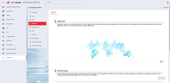 Panel de configuración Open NAT y Perfil de juego en la interfaz de firmware del router ASUS GT-BN98.