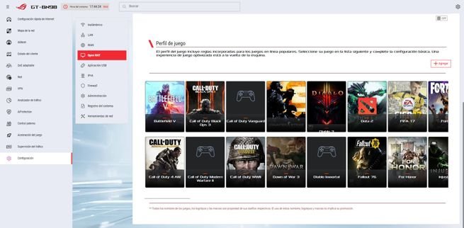 Listado de títulos compatibles en la sección Perfil de juego dentro del software de gestión del ASUS GT-BN98.