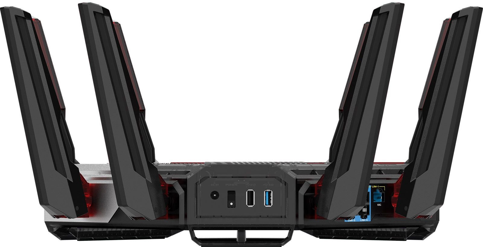 Panel posterior del router ASUS ROG Rapture GT-BN98 mostrando puertos USB y alimentación entre sus antenas.