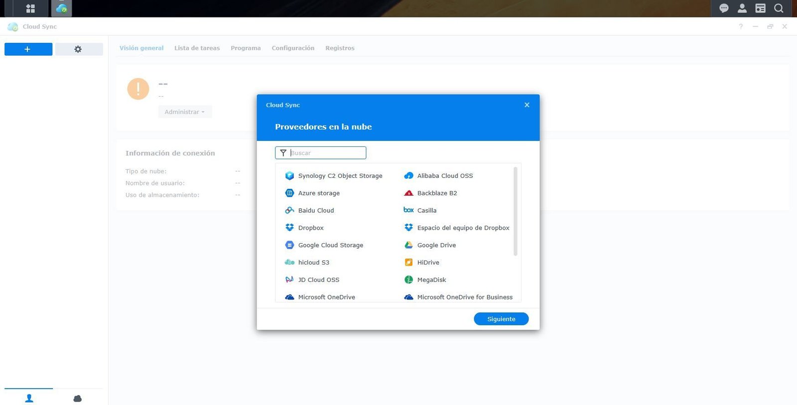 Menú de selección de proveedores de almacenamiento en la nube en la interfaz de Synology Cloud Sync.