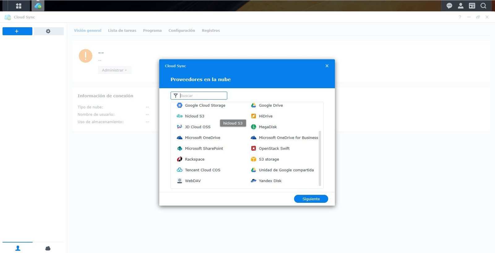 Interfaz de selección de proveedores de nube en la aplicación Cloud Sync de Synology.