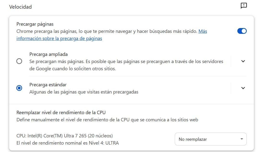 Panel de configuración de Chrome mostrando las opciones de precarga de páginas para mejorar la velocidad de navegación.