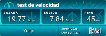 Captura de pantalla de un test de velocidad de red móvil Yoigo con 19,77 Mbps de bajada, 7,84 Mbps de subida y 45 ms de ping.